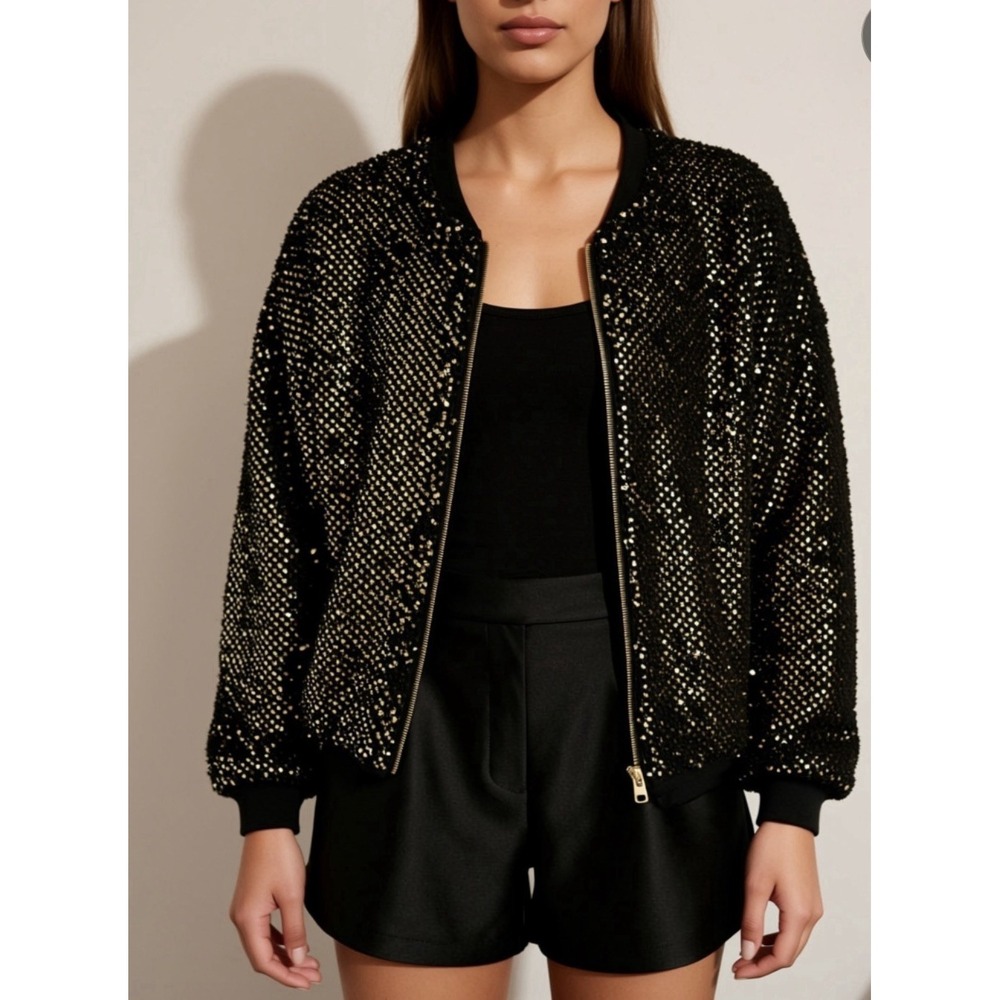 Zara Women Bomber Jacket Black And Gold Sequin Size M